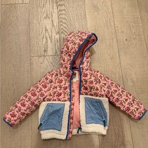 Mini Boden Pink Floral Puffer Jacket with Blue Pockets